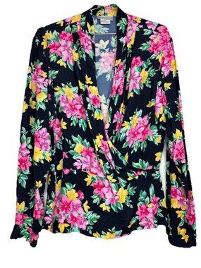 Vintage Evan Picone Size 12 Woman's Floral Wrap Snap Peplum Long Sleeve Blouse